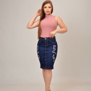 Saia jeans feminina bordada cintura alta moda evangélica