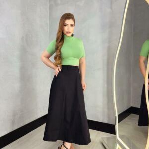 Saia Linho Alfaiataria Godê Cintura Alta Rodada Evangélica