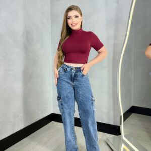 Calça Jeans Feminina Cintura Alta Bolso Cargo Levanta Bumbum