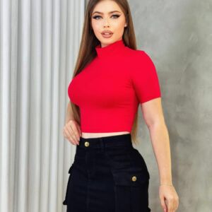 Mini saia jeans cargo cintura alta