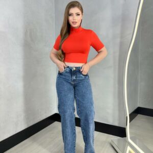 Calça jeans algodão pantalona cintura alta levanta bumbum