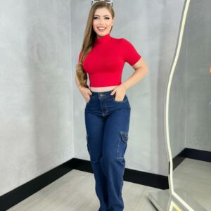 Calça jeans feminino cintura alta bolso cargo levanta bumbum