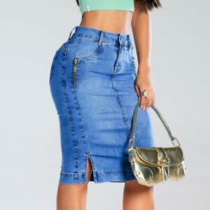 Saia Jeans Mídi Zíper Lateral Bolso Faca Cintura Alta Feminina