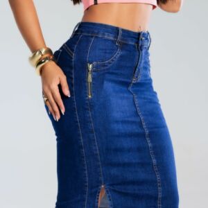 Saia Jeans Mídi Zíper Lateral Bolso Faca Cintura Alta Feminina