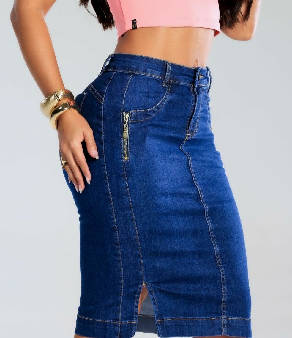 Saia Jeans Mídi Zíper Lateral Bolso Faca Cintura Alta Feminina