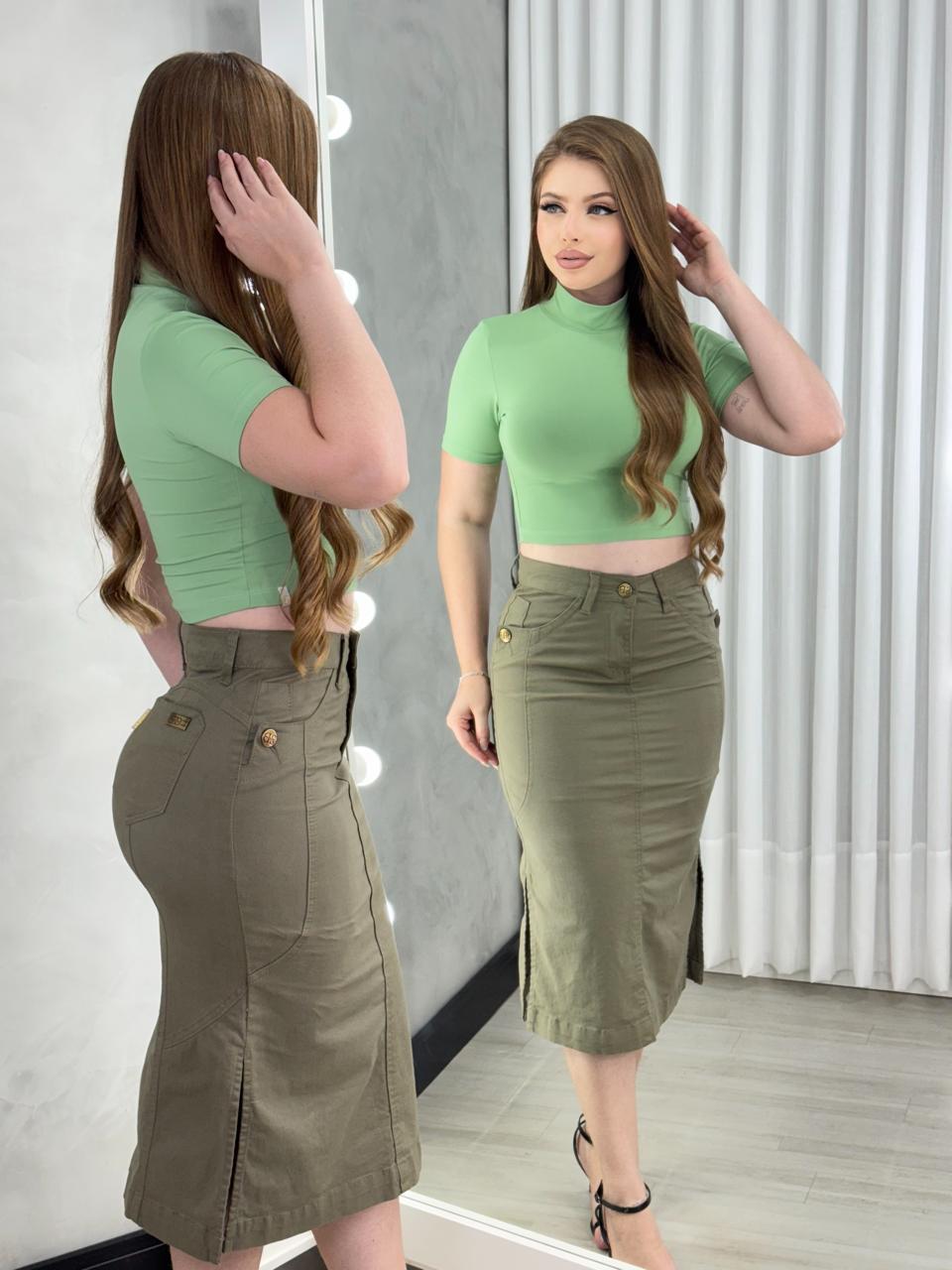 Saia Jeans Mídi Botão no Bolso Fenda Lateral Cintura Alta Feminina - Imagem 8