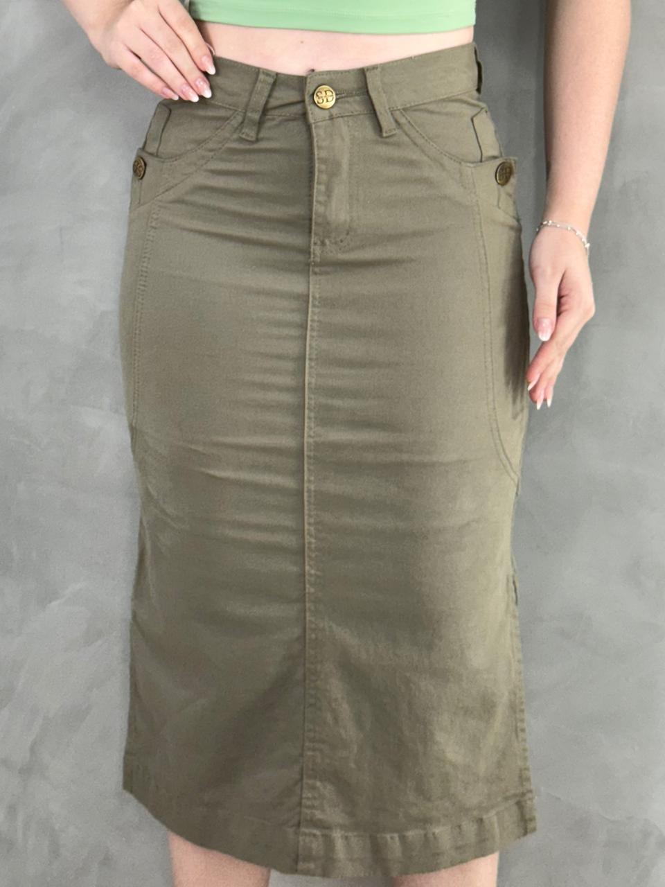 Saia Jeans Mídi Botão no Bolso Fenda Lateral Cintura Alta Feminina - Imagem 4