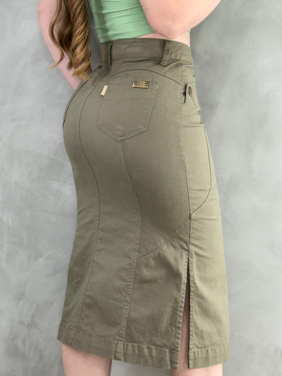 Saia Jeans Mídi Botão no Bolso Fenda Lateral Cintura Alta Feminina - Imagem 5
