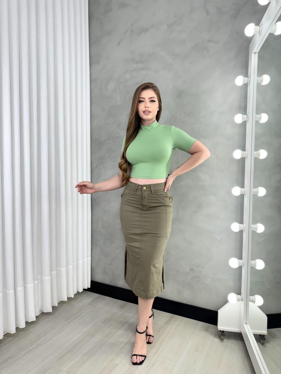 Saia Jeans Mídi Botão no Bolso Fenda Lateral Cintura Alta Feminina - Imagem 2