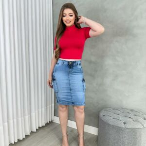 Saia Jeans Mídi Bolsos Cargo Cintura Alta Reta