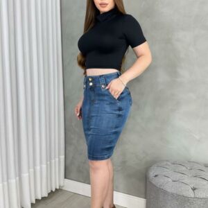 Saia Jeans Mídi Lapela Botões Cintura Alta Reta