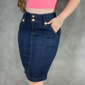 Saia Jeans Mídi Lapela Botões Cintura Alta Escura