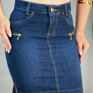 Saia Jeans Mídi Zíper Bolso Cintura Alta Reta Escura