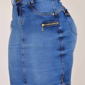 Saia Jeans Mídi Zíper Bolso Cintura Alta Reta Clara