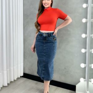 Saia Jeans Mídi Botão No Bolso Cintura Alta