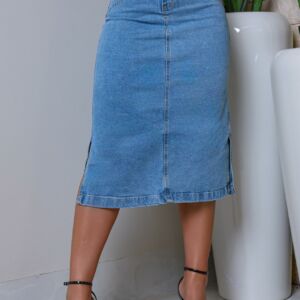 Saia Jeans Mídi Tradicional Fenda Lateral