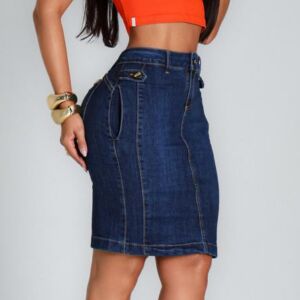 Saia Jeans Mídi Lapela Lateral Bolso Cintura Alta Reta Escura