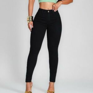 Calça Jeans Preta Skinny Cintura Alta Levanta Bumbum com Elastano