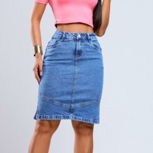 Saia Jeans Secretária Reta Fenda Lateral Cintura Alta Recorte Feminina