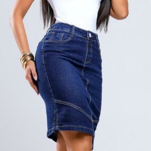 Saia Jeans Secretária Reta Fenda Lateral Cintura Alta Recorte Feminina