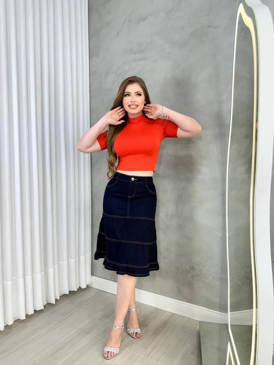 Saia Jeans Premium 3 Marias Mídi Rodada Feminina - Imagem 5