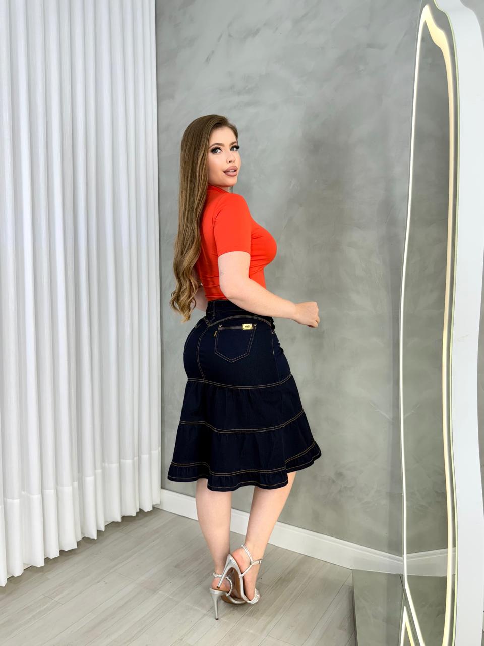 Saia Jeans Premium 3 Marias Mídi Rodada Feminina - Imagem 4