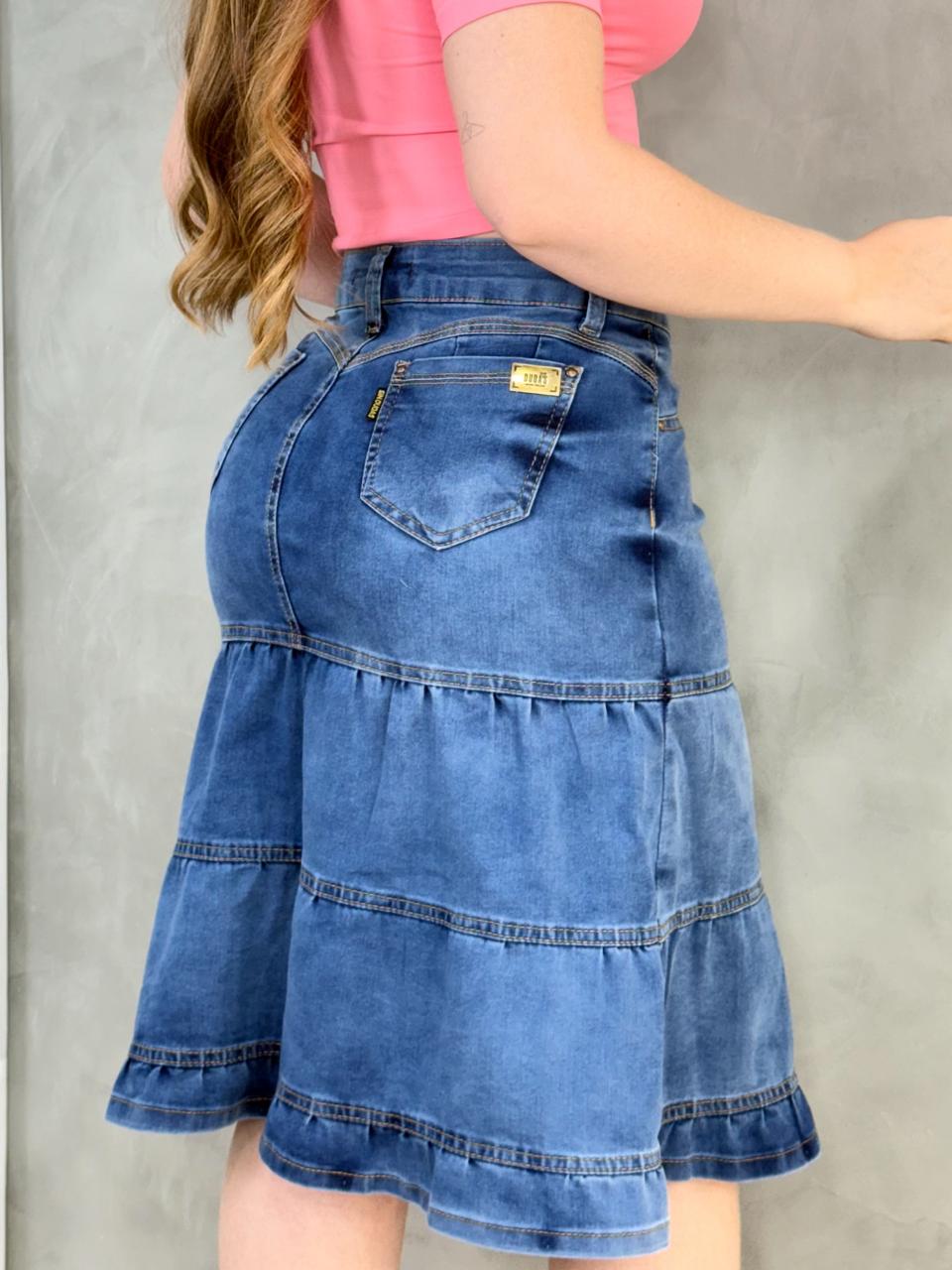 Saia Jeans Premium 3 Marias Mídi Rodada Feminina - Imagem 2