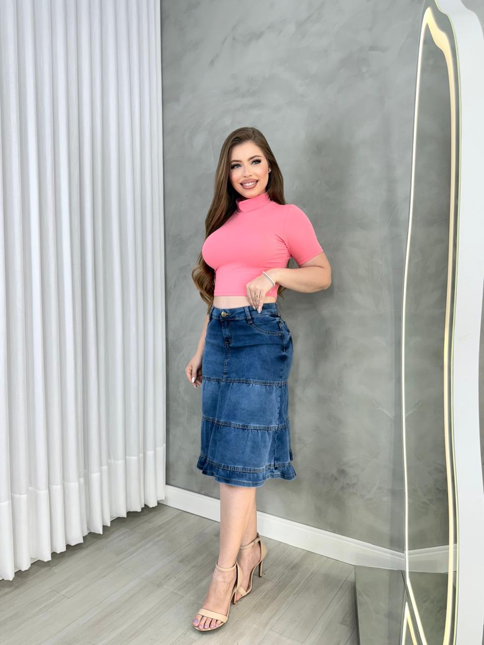 Saia Jeans Premium 3 Marias Mídi Rodada Feminina - Imagem 5