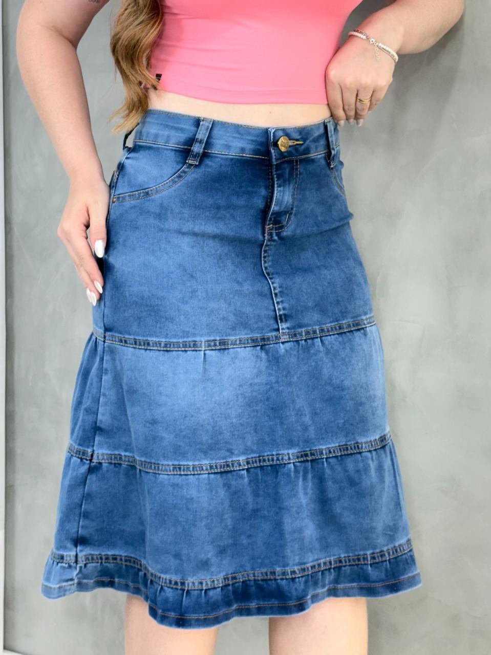 Saia Jeans Premium 3 Marias Mídi Rodada Feminina - Imagem 3