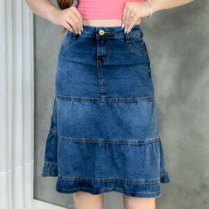 Saia Jeans Premium 3 Marias Mídi Rodada Feminina