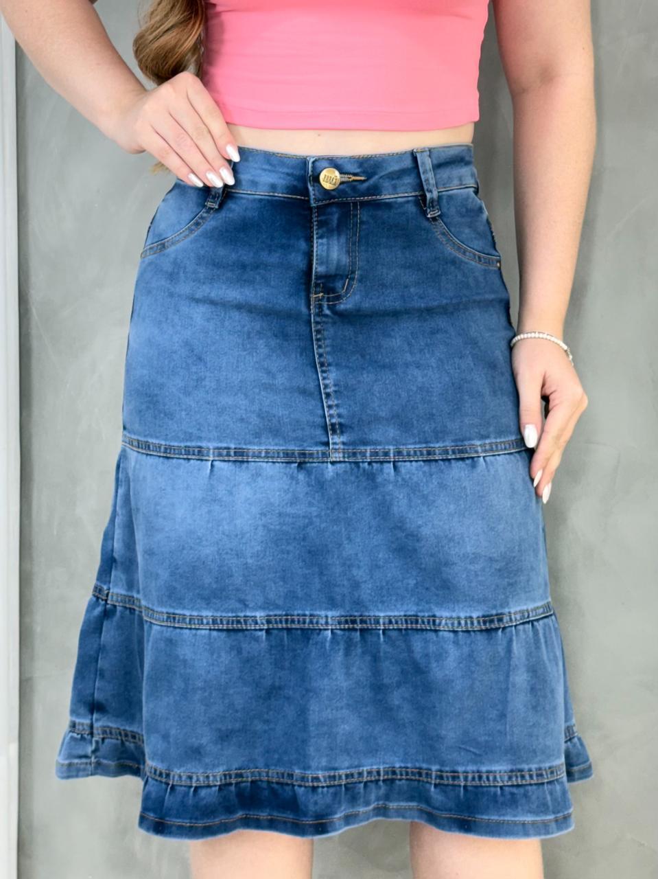 Saia Jeans Premium 3 Marias Mídi Rodada Feminina - Imagem 4