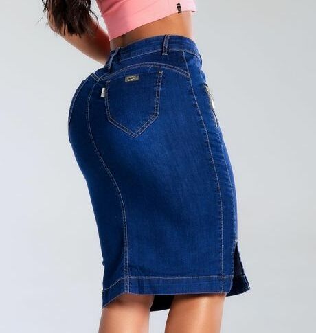 Saia Jeans Mídi Zíper Lateral Bolso Faca Cintura Alta Feminina - Imagem 2