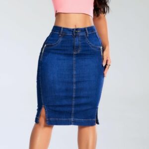 Saia Jeans Mídi Zíper Lateral Bolso Faca Cintura Alta Feminina