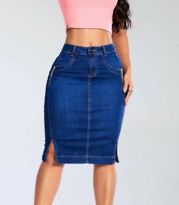Saia Jeans Mídi Zíper Lateral Bolso Faca Cintura Alta Feminina